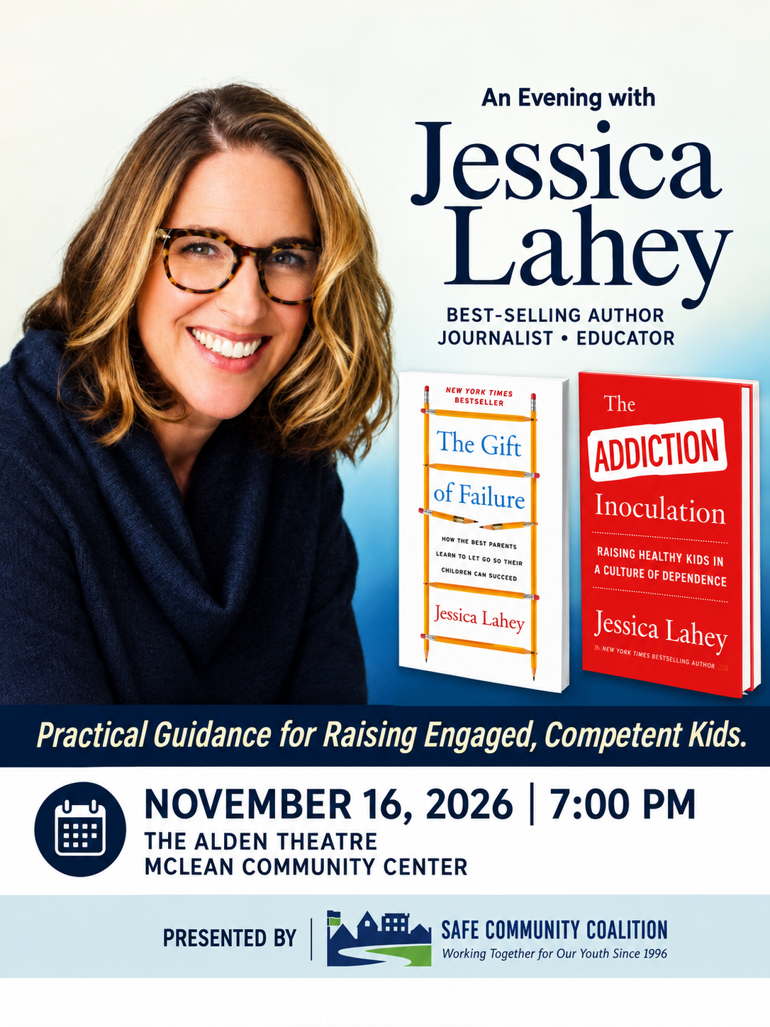 Event graphic featuring Jessica Lahey and her books for her November 16 presentation at the McLean Community Center.